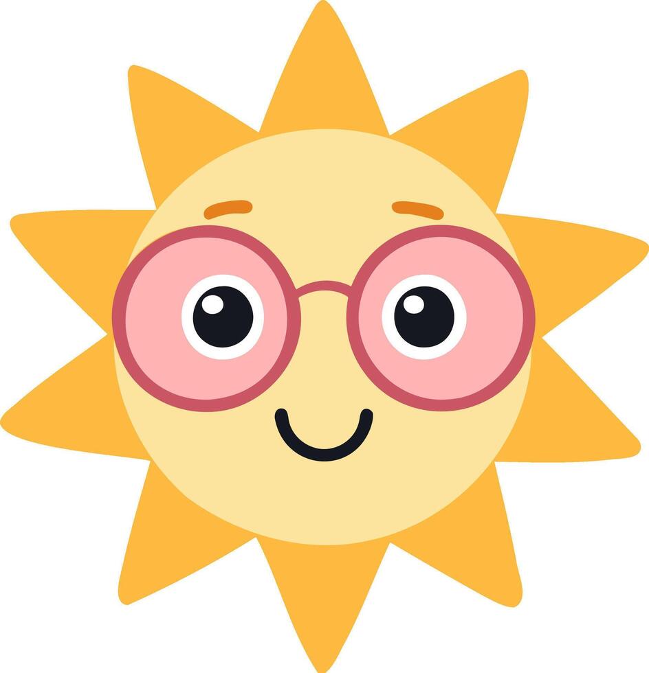 Cute suns, Sunshine emoji with pink glasses and a friendly smile vector