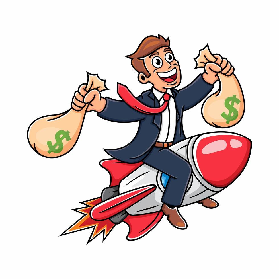 business man riding a rocket carrying money bags in both hands, suitable for presentations and success in business. vector
