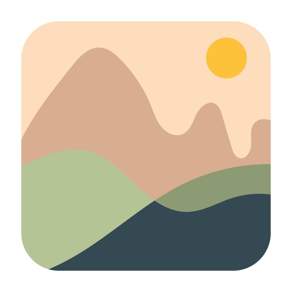 Sun, three Mountain peaks, and 2 hills Flat abstract art Illustration vector