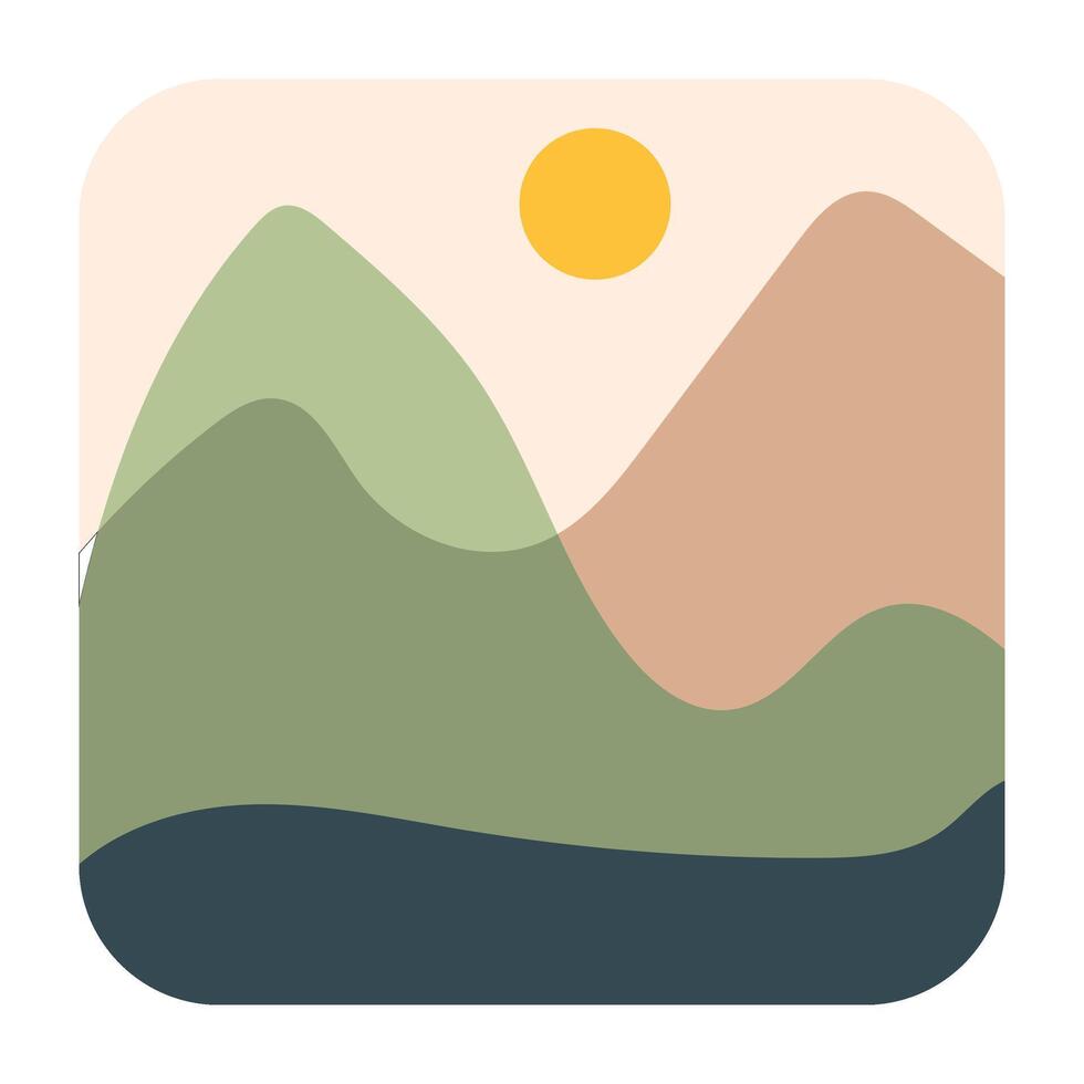 Sun, 2 Mountains, and 2 hills Flat abstract art Illustration vector