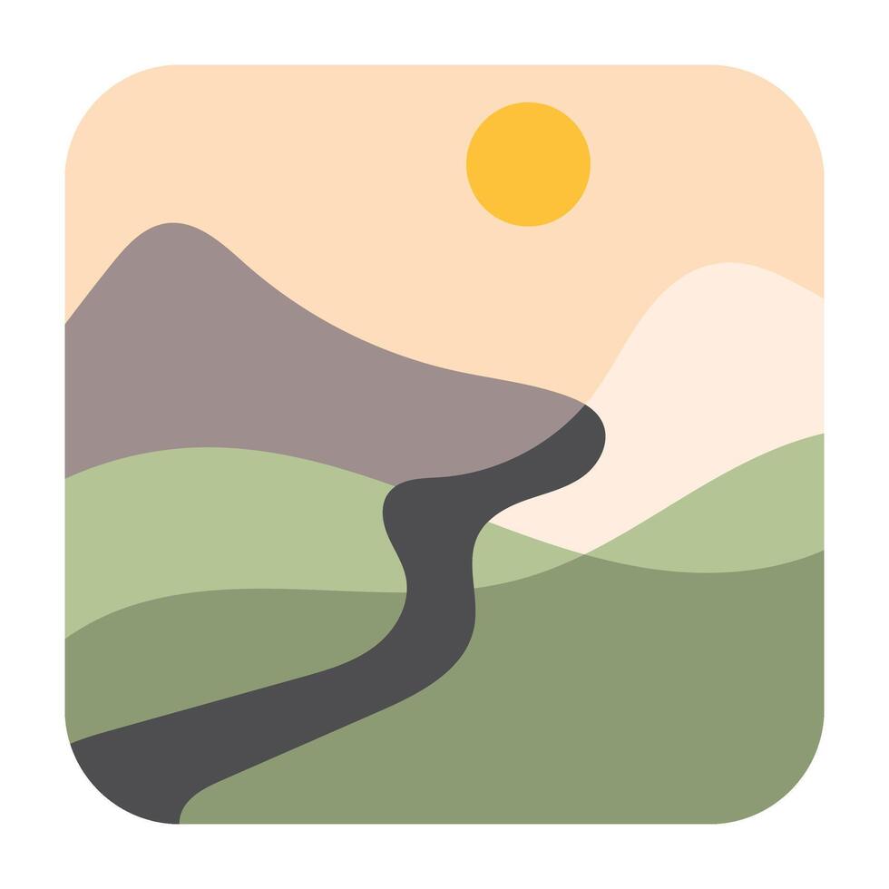 Sun, road, rice field, and Mountain Flat abstract art Illustration vector