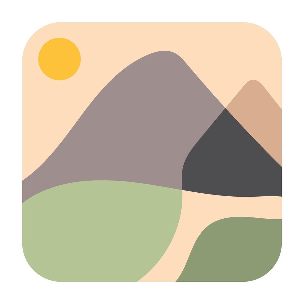 Sun, rice field, hill, and 2 Mountains Flat abstract art Illustration vector