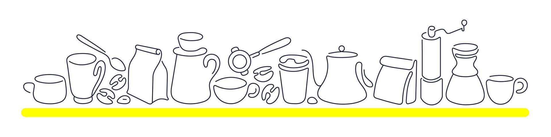 Coffee cup, kettle and aroma bean. Abstract border vector