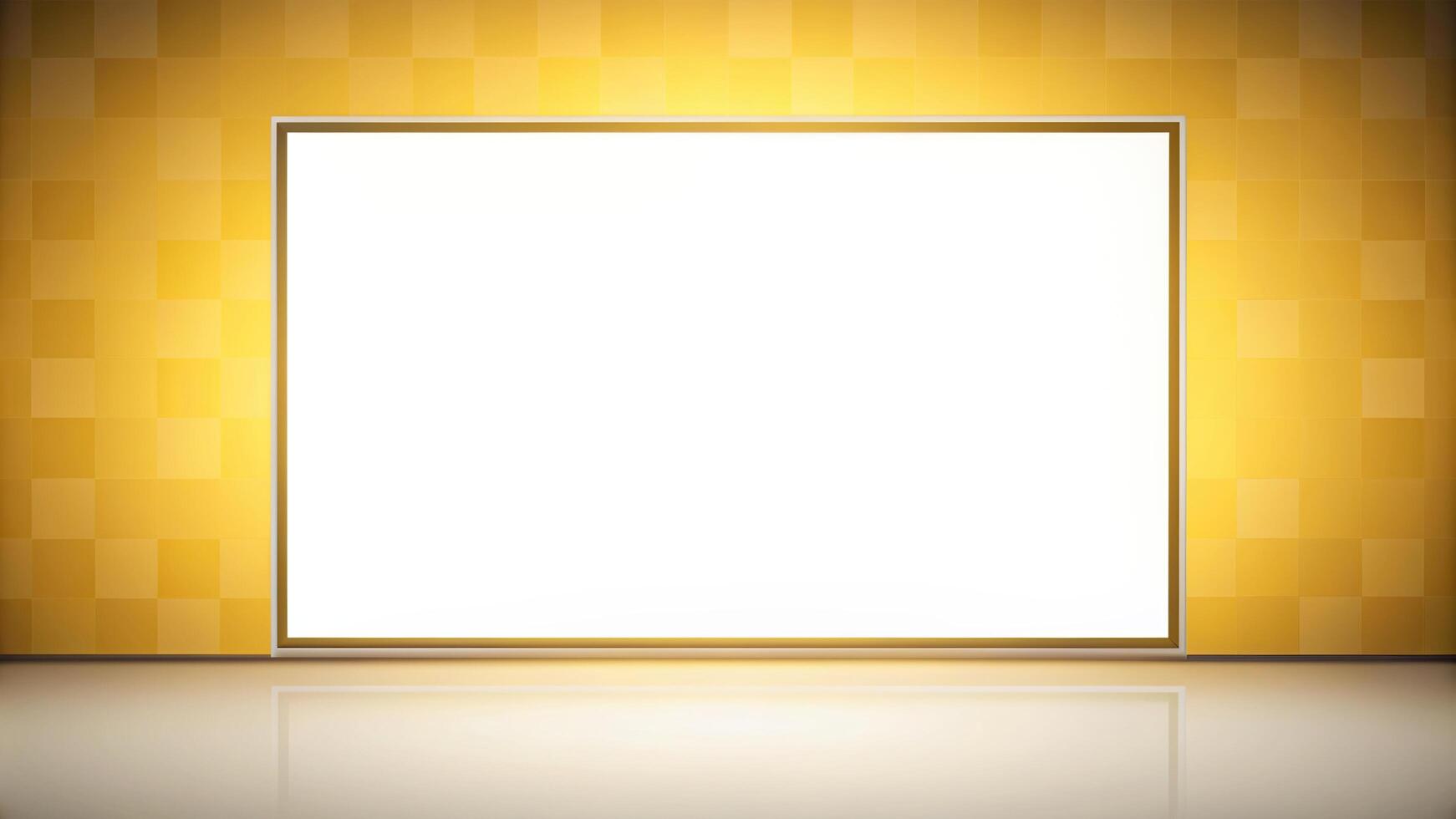 Empty square frame on a yellow wall with a light photo