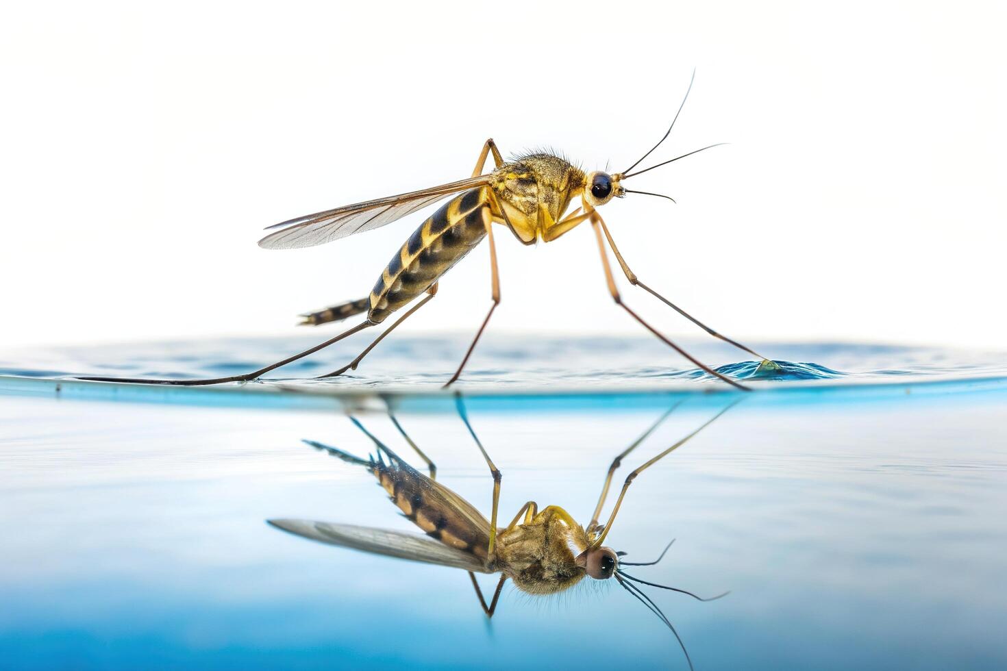 A mosquito is standing on water with its reflection photo