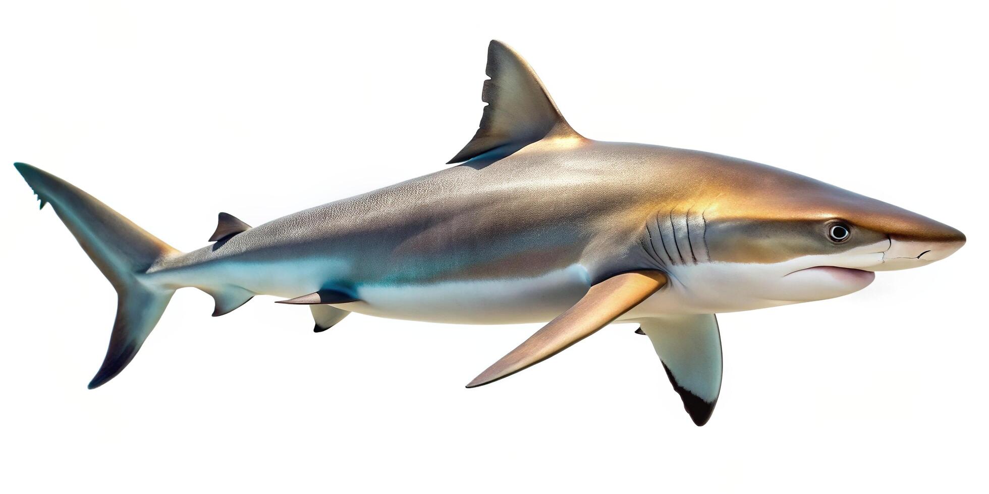 A large shark with a white body and black fins photo