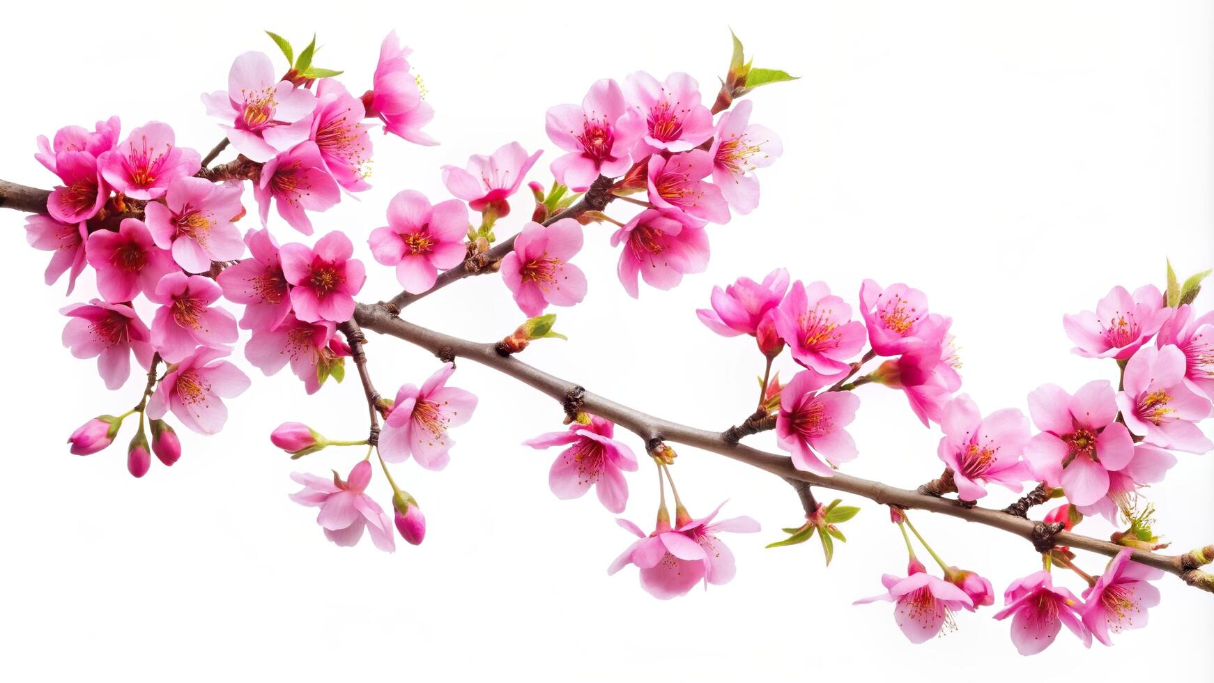 A branch of pink flowers is shown on a white background photo