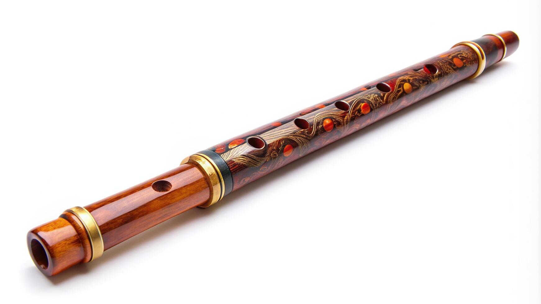 A wooden flute with a gold trim and a wooden body photo