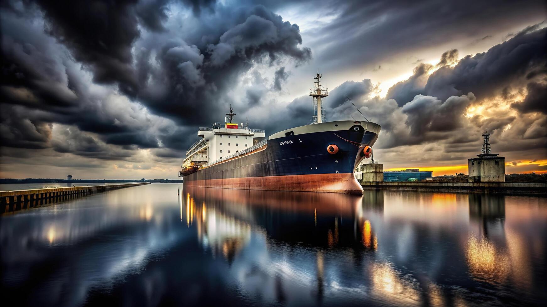 A large ship docked in a harbor under cloudy skies photo