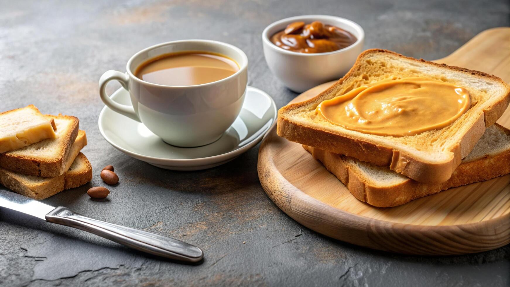 Toast with peanut butter and coffee on a wooden board photo