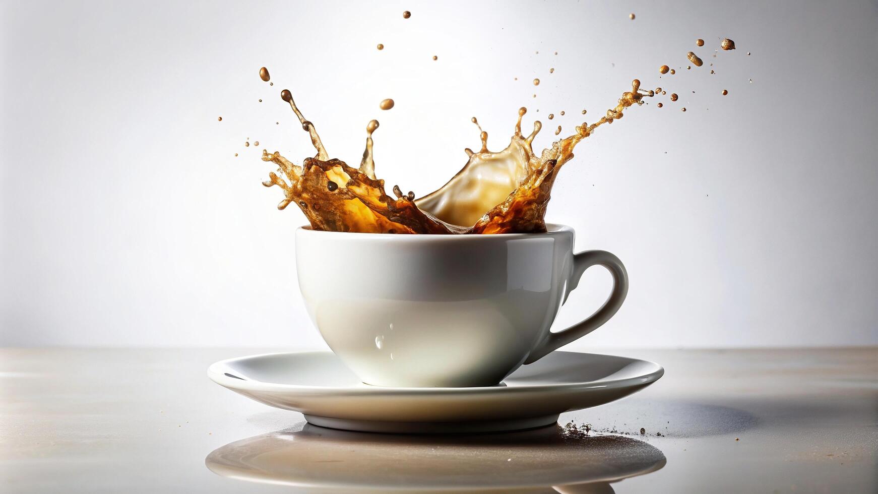 Coffee splash in cup on white background photo