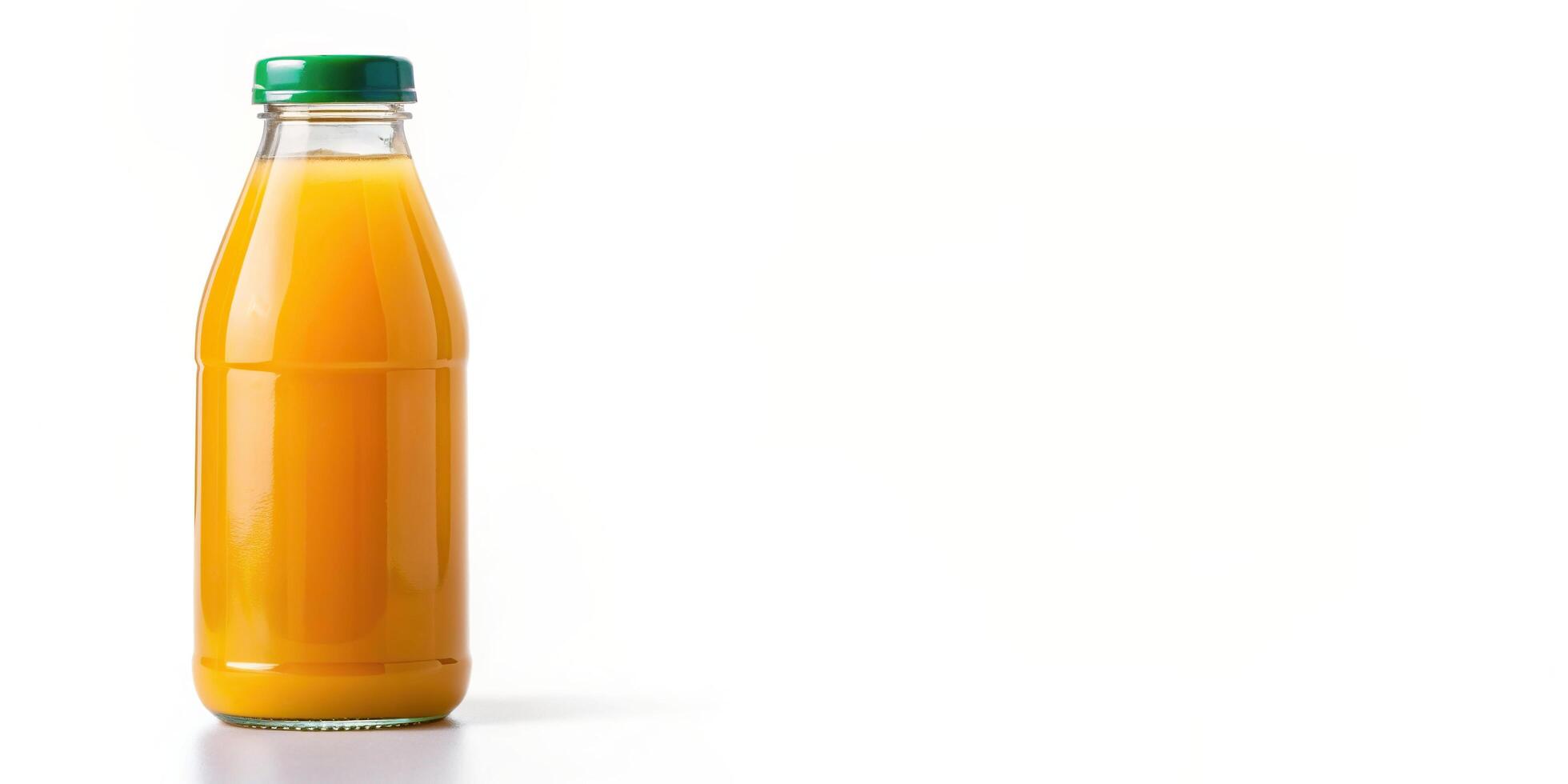 Orange juice bottle isolated on white background panoramic, refreshing, summer,orange juice, transparent, morning, white background, citrus, breakfast, pouring, vitamin C, drink, cold photo