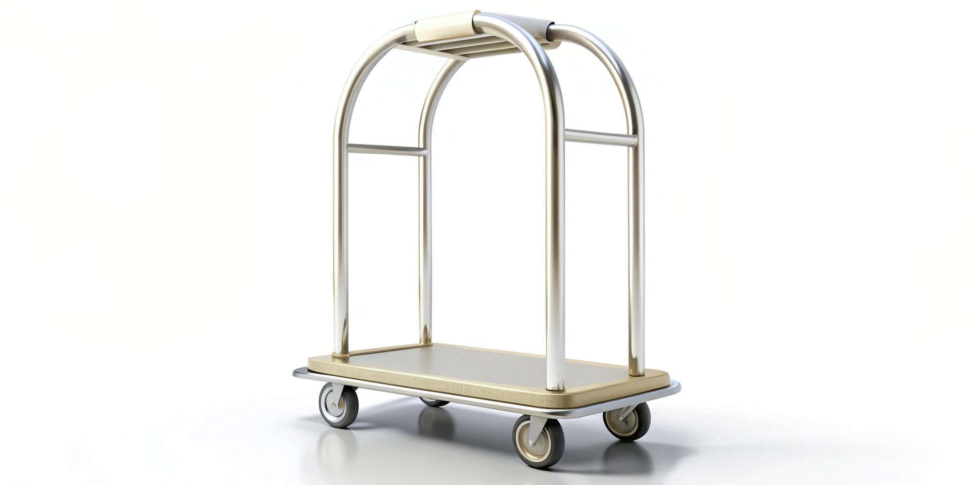 A white asymmetrical hotel luggage trolley cart is pictured on a white background, transporting, mobility, transportation, convenience, hotel industry, travel accessories, white, wheels photo