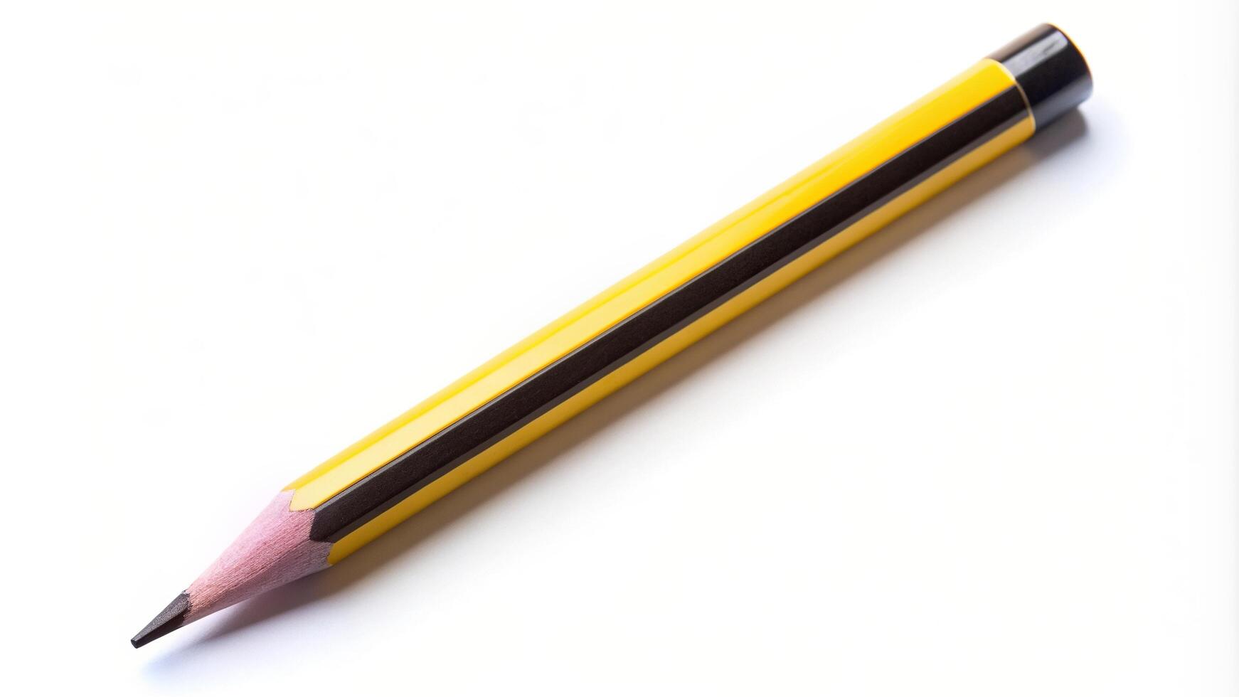 A high angle view of a yellow and black lead pencil isolated on a white background, white, design, tool, office supplies, creative, workspace, high angle, study, black, education photo