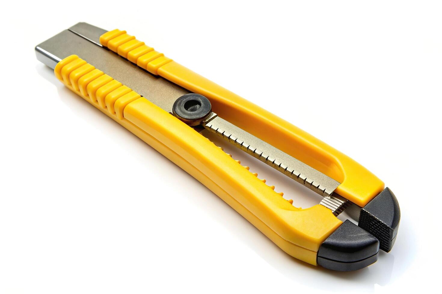 An isolated yellow used cutter is depicted in a medium shot against a white background, white background, used,isolated, medium shot photo