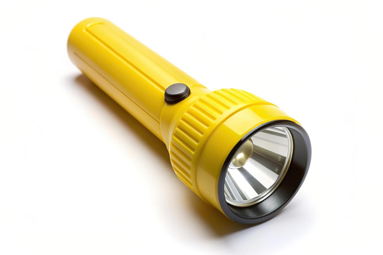 safety, bright, concept, portable, illumination,yellow, aerial, object, equipment, white background, tool, utility, power, technology, Yellow flashlight isolated on white background photo
