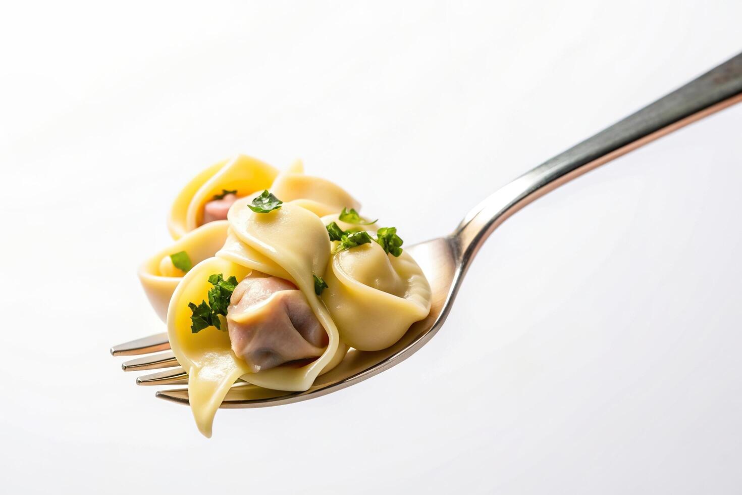 dining, cuisine, indulgence, appetizing, long shot, white, background, traditional, tortellini, food, A long shot of a steel fork with tortellini cream and ham placed on a white background photo