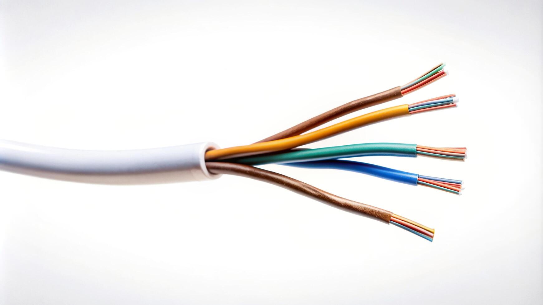 Exposed electrical wire hanging over a white background at a low angle, wire, electricity, safety, maintenance, infrastructure, danger, industrial, low angle, electrical system photo