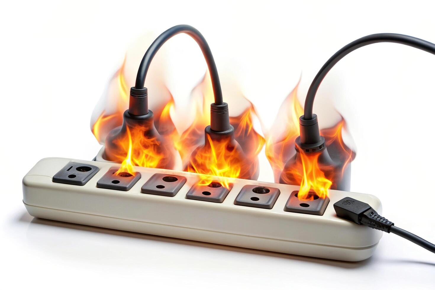 safety, burning, electrical safety, white background, flames, electrical fire, Fire starting from an overloaded power strip on a white isolated background with leading lines photo