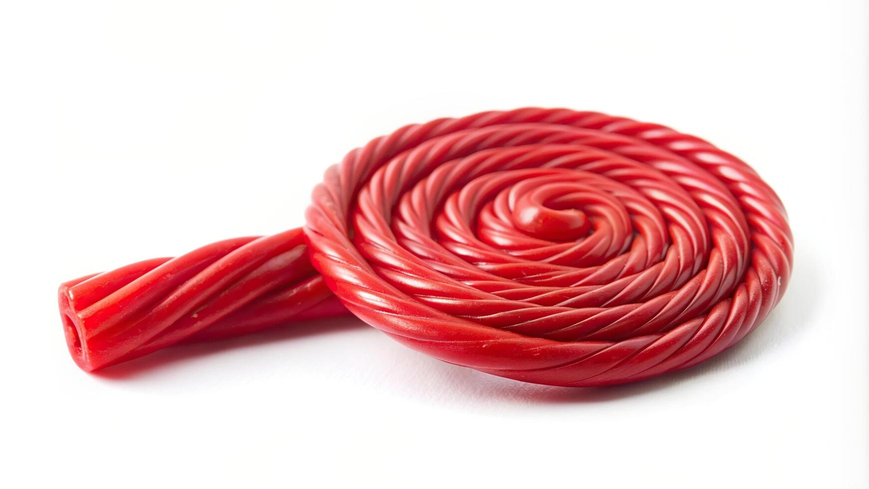 A single red spiral licorice stick isolated on a white background, sweet, food, snack, treat, single, close-up, sugary, licorice, candy, one, stick,red, confection, isolated photo