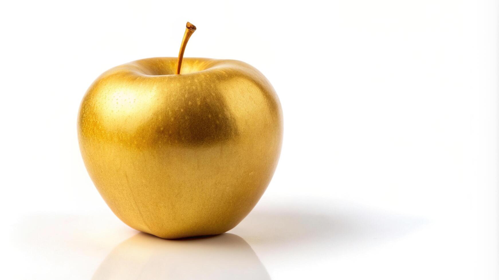 A golden apple isolated on a white background at eye level, diet, temptation concept, fresh, precious, concept, iconic, temptation, eye level, shiny, isolated, valuable, ripe, organic photo