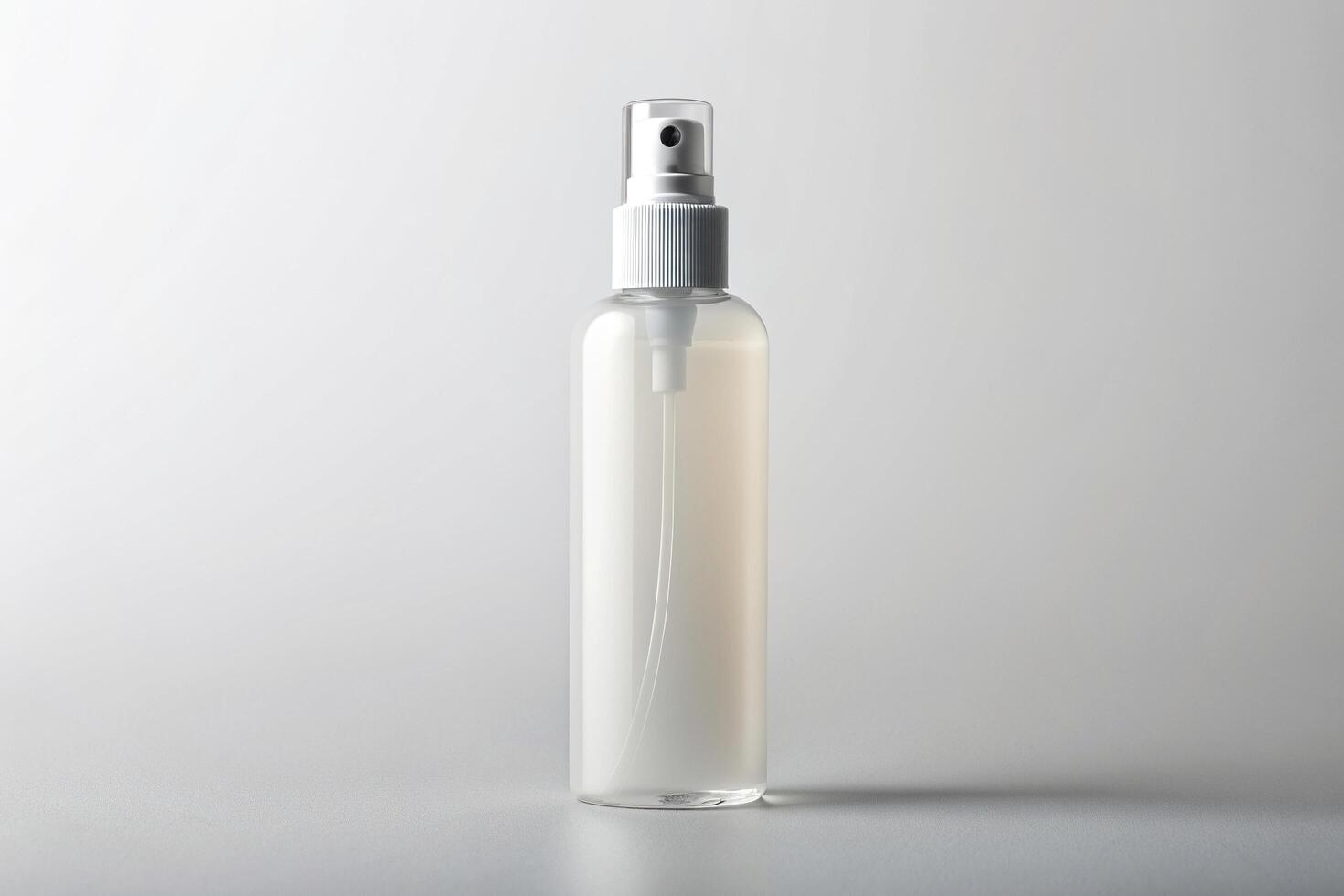 white, cosmetics, bottle, design, minimalistic, mock-up, presentation, light background, product, personal care, template, Cosmetic spray bottle mockup on a light background high angle photo
