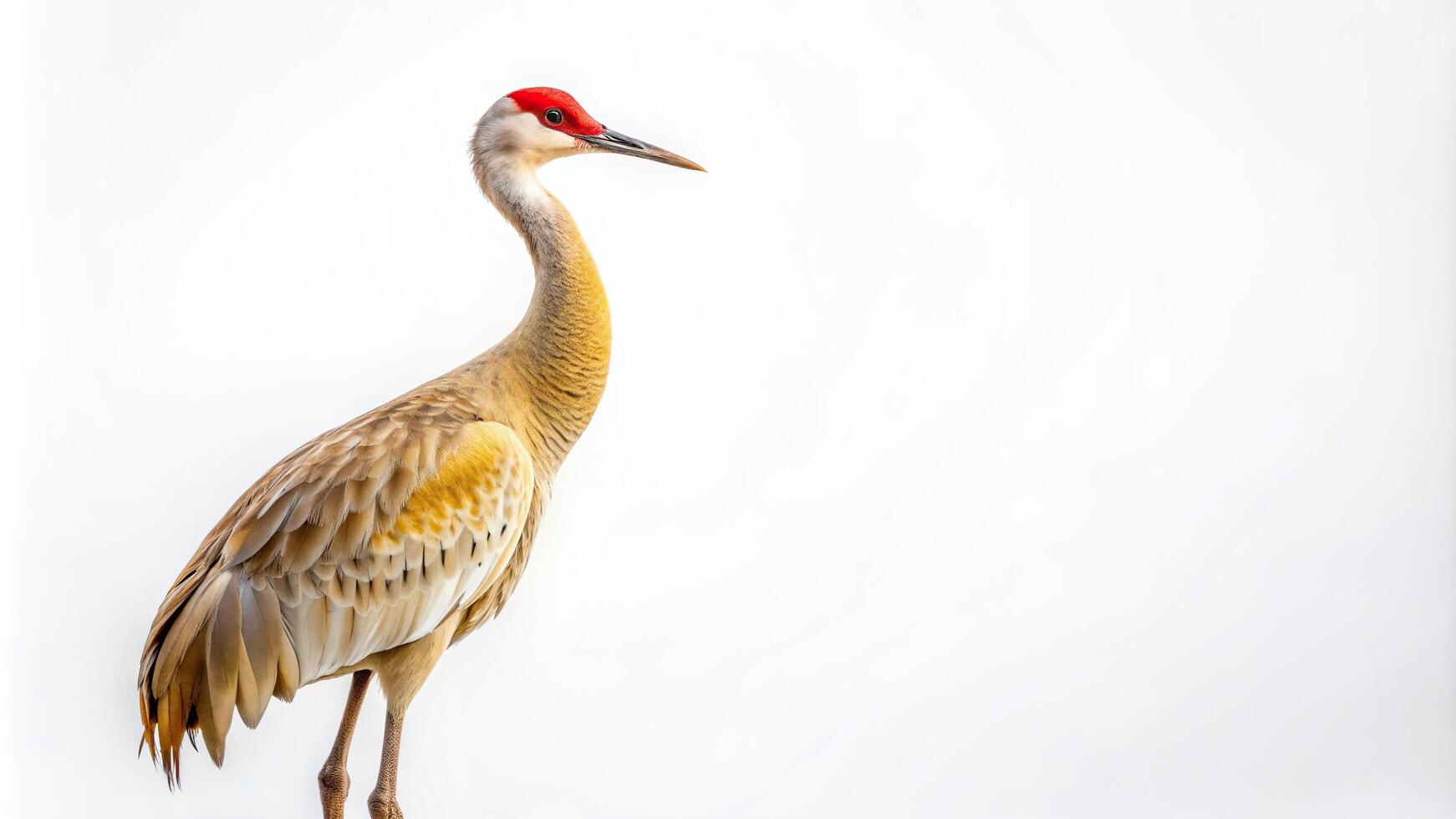 elegant, North America, animal, white background, asymmetrical, wildlife, Sandhill Crane standing alone on a plain white background showcasing its graceful asymmetrical body structure photo