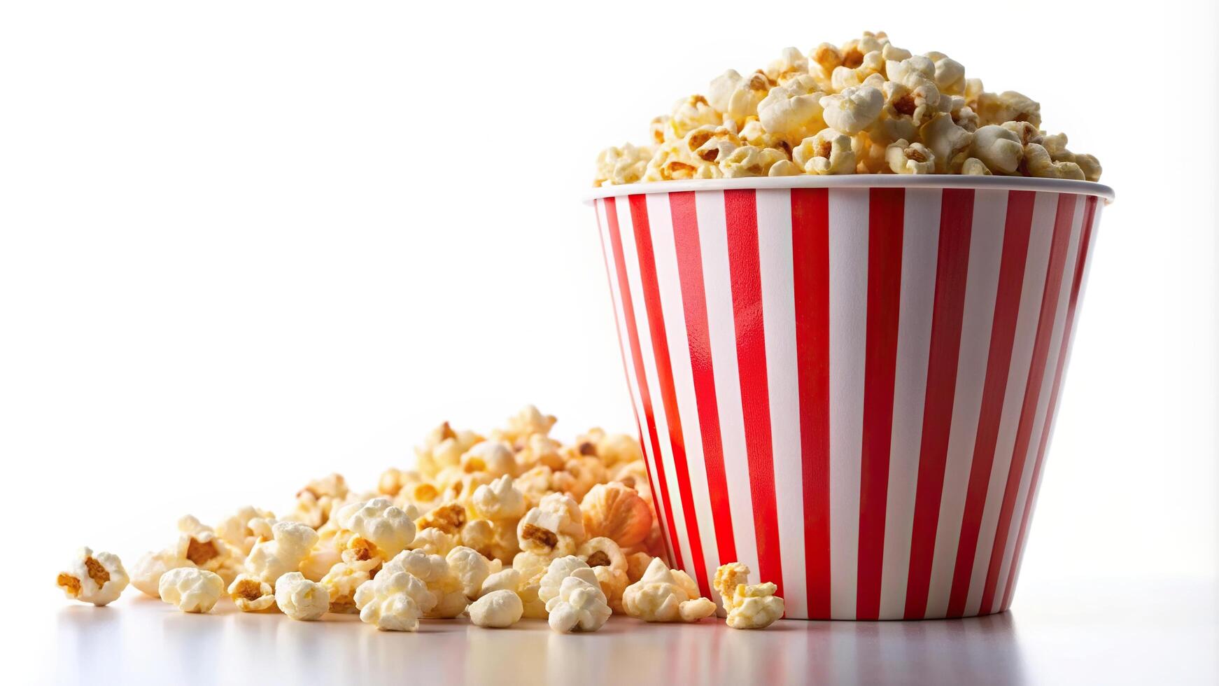 popcorn, popcorn container, cinema, movie, striped design, striped popcorn bucket, tasty, Paper striped bucket filled with freshly popped popcorn standing isolated on a white background photo
