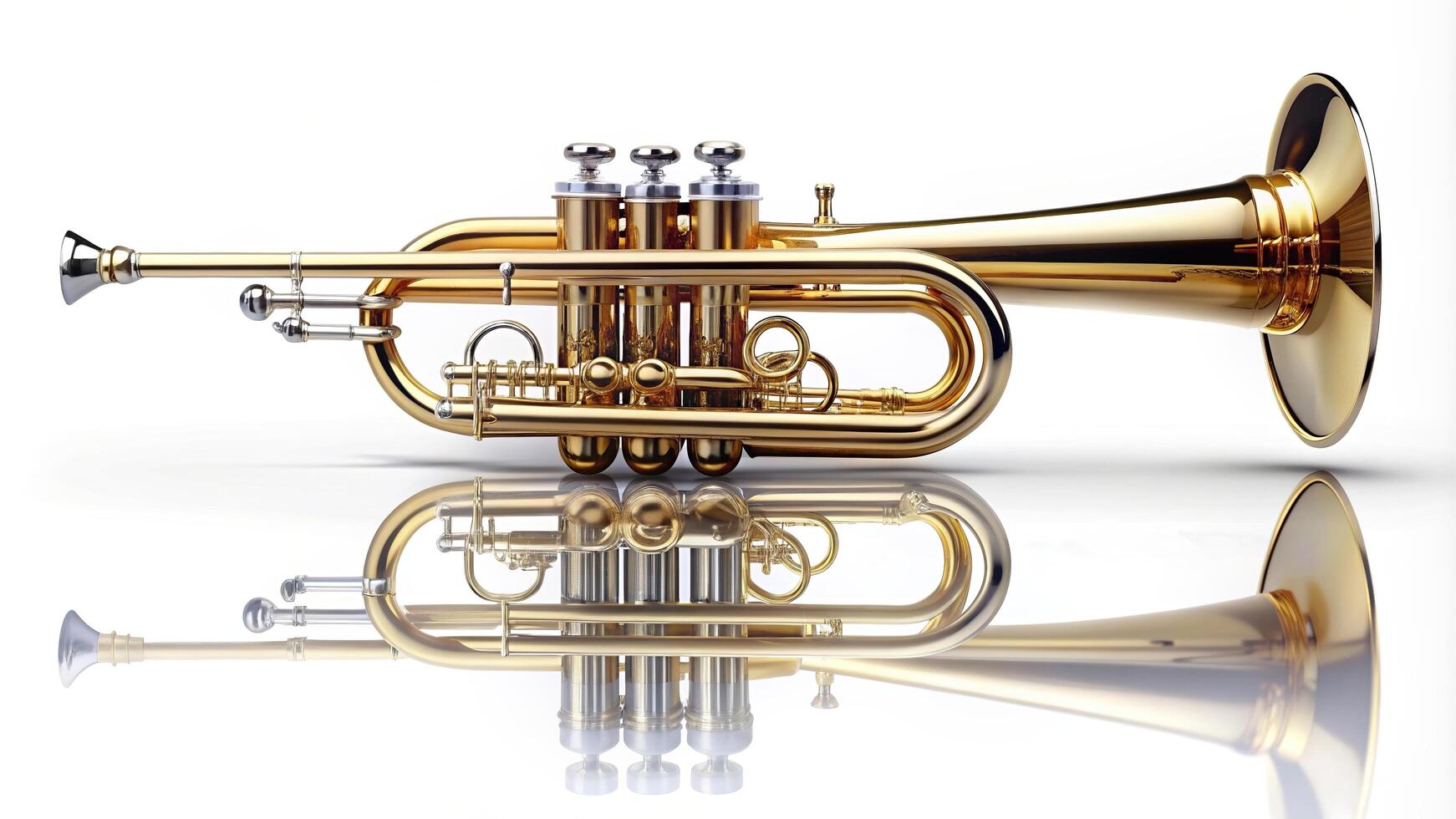 music, shiny, valve, reflection,trumpet, tone, sound, key, musician, brass, white background, instrument, symphony, classical, jazz, Trumpet classical instrument isolated on white Reflected photo