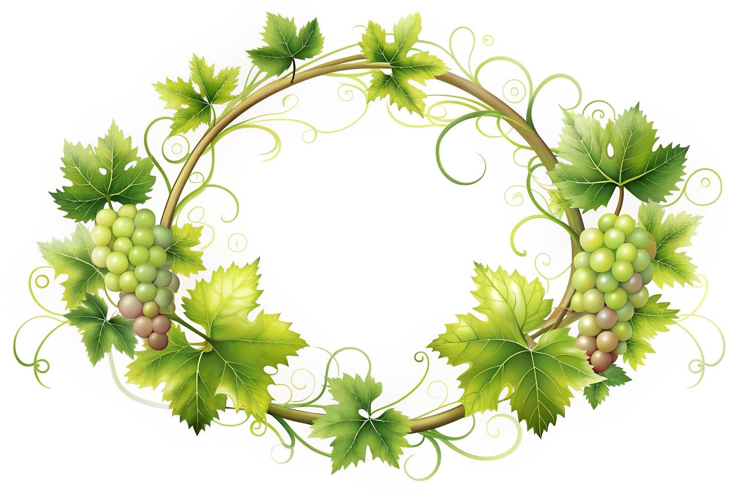 leaves, circle, fresh, illustration, decoration, tendrils, A detailed illustration of a fresh grapevine circle border with intricate tendrils and leaves placed on a clean white background photo
