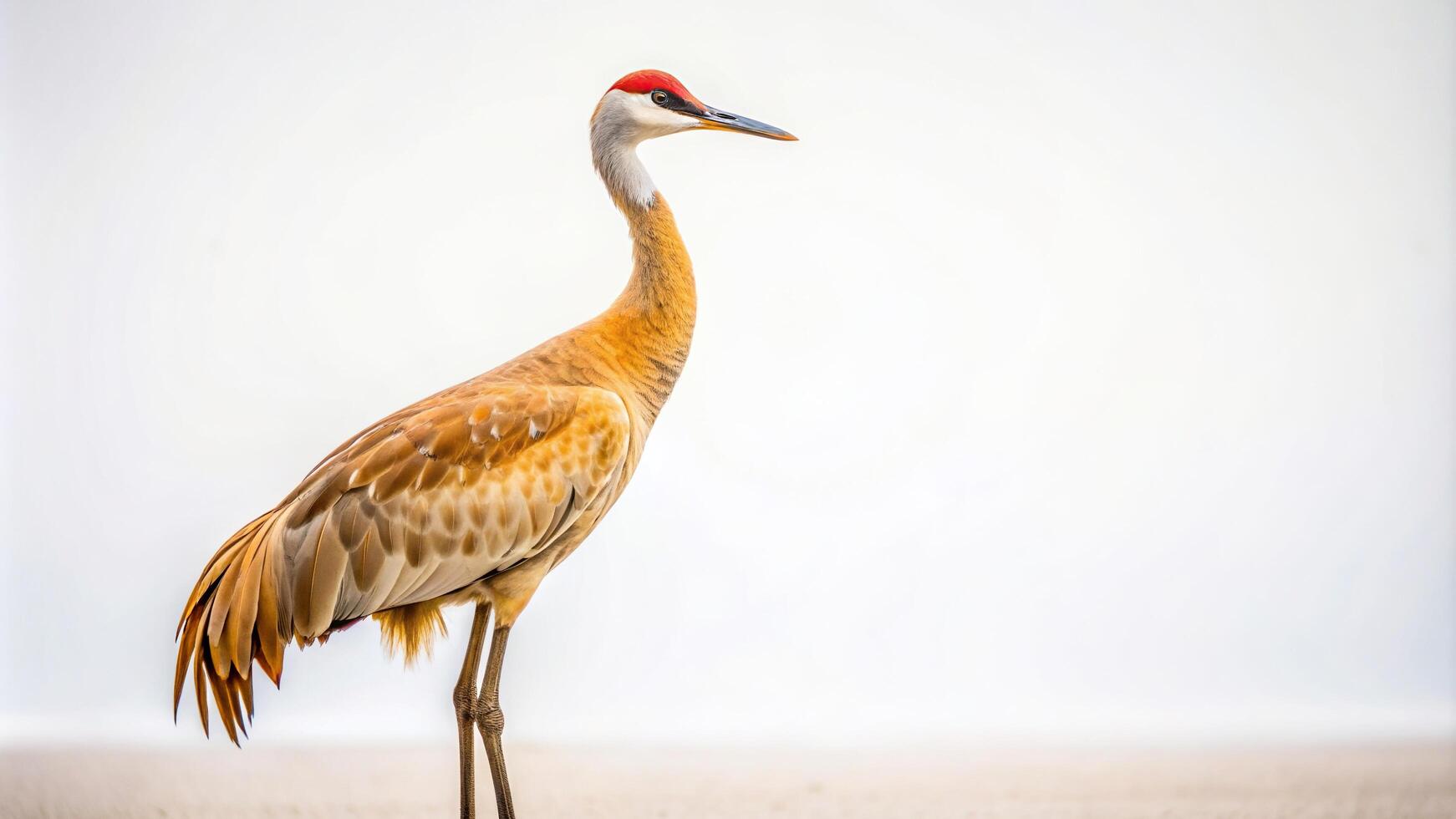 Sandhill Crane standing alone on a plain white background showcasing its graceful asymmetrical body structure, white background, solitary, wildlife, wingspan, isolated, crane species photo