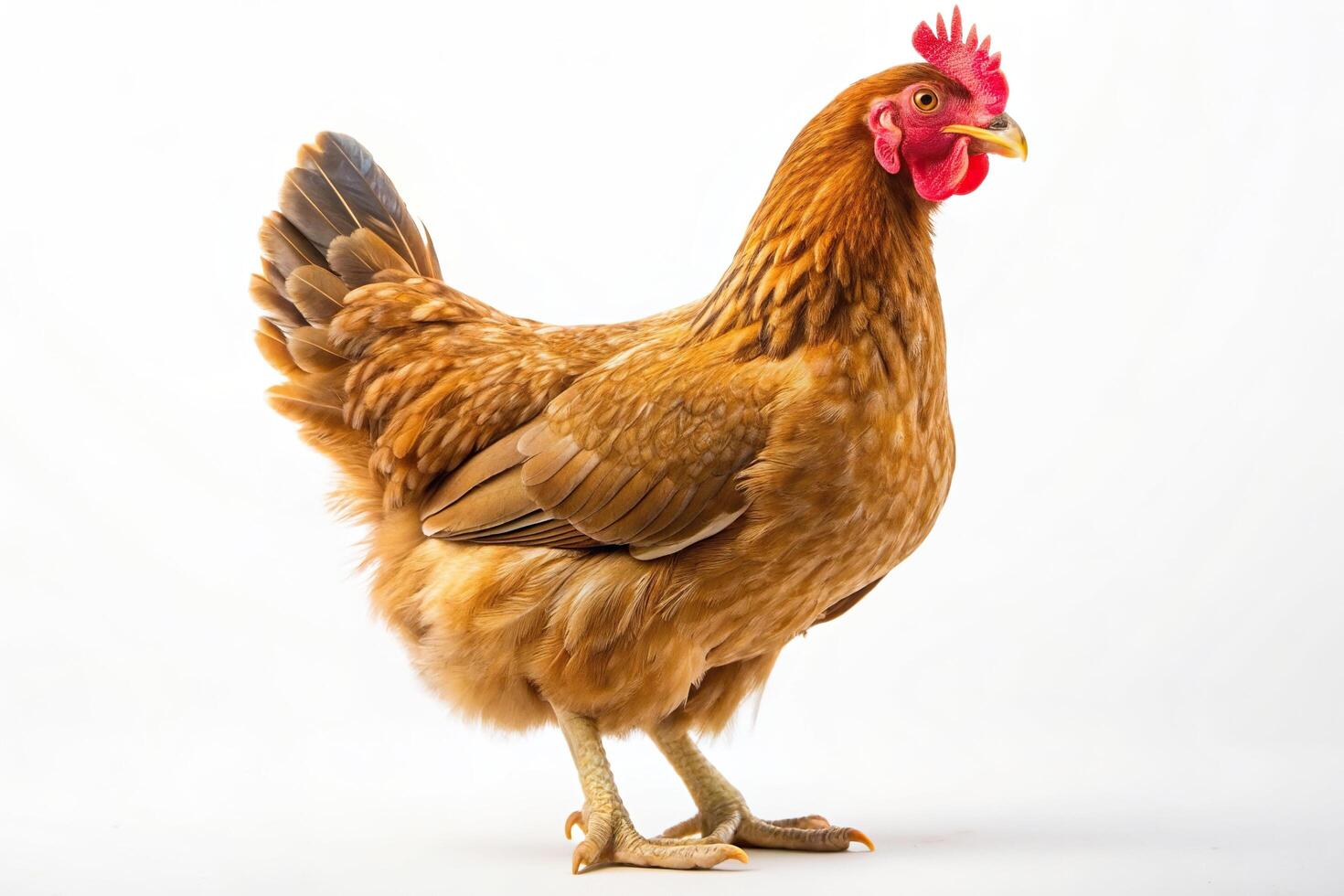 A close up studio shot of a brown hen standing alone on a white background, isolated, beak, poultry, nature, feather, studio shot, animal, birdwatching, rural, farm animal, wings photo