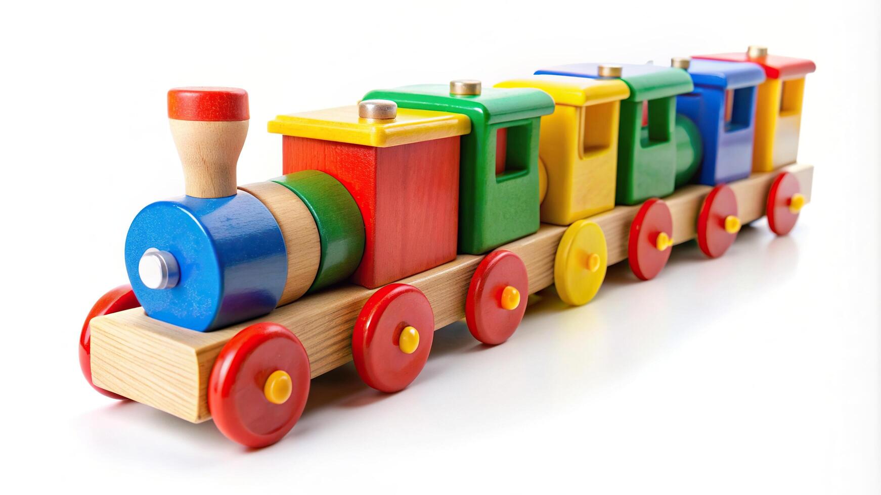 Colorful wooden toy train isolated on white background captured using a fisheye lens, kid, fisheye, vintage, creative, colorful, nostalgic, isolated, vibrant, fun, white background, wooden photo