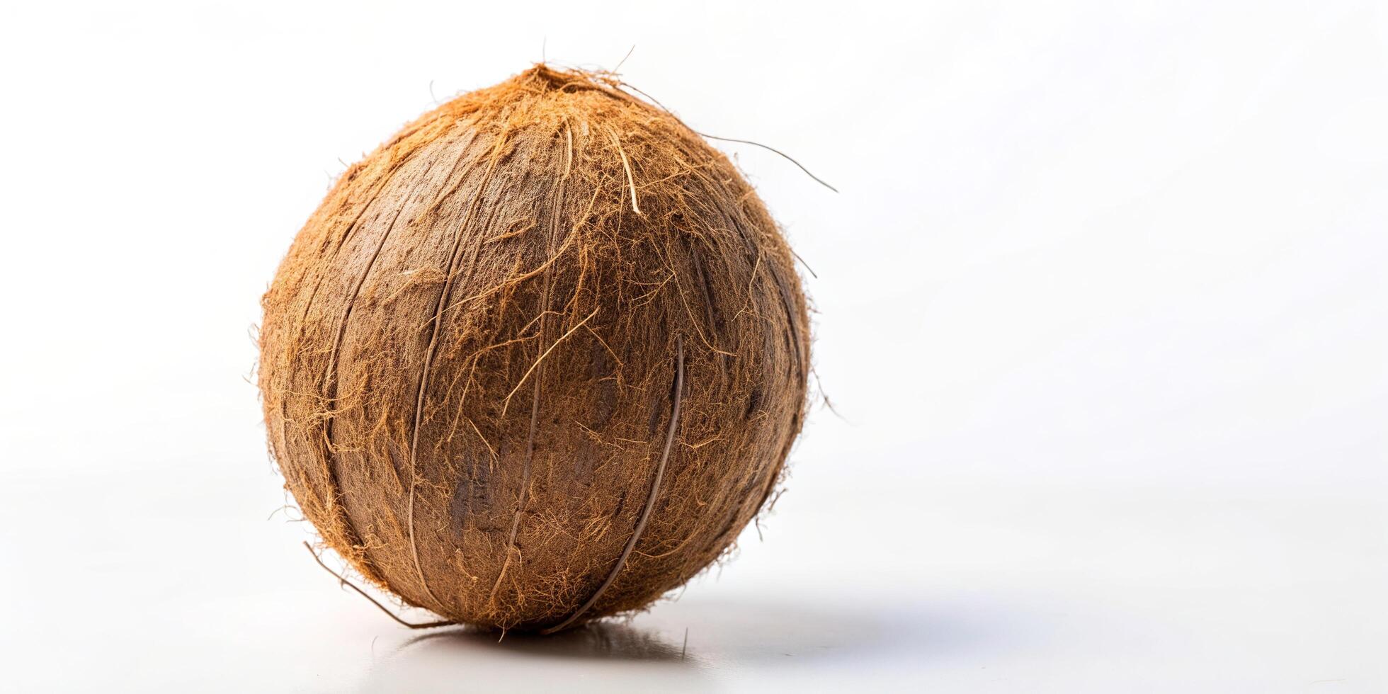 coconut, seed, isolated, edible, fruit, organic, natural, brown, palm tree, nut, hairy, long shot, shell, ingredient, A single coconut placed on a white background captured in a long shot photo