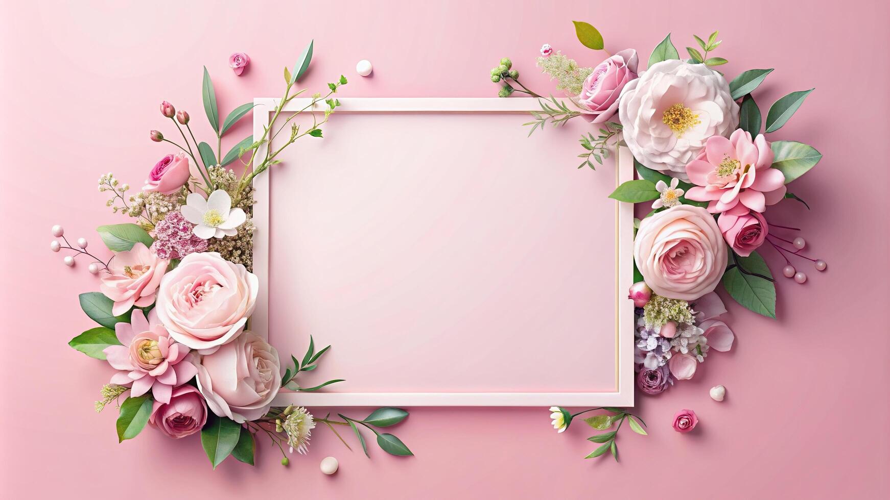 A beautiful pastel floral border with a white frame is showcased at a tilted angle on a soft pink background, stylish, design, art, trendy, elegant, girly, backdrop, decoration photo