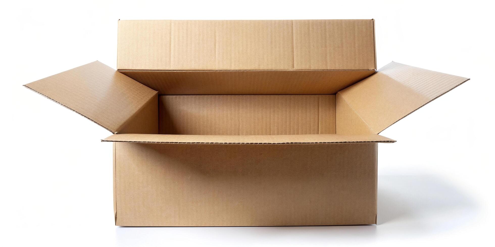 packaging, storage, white background, delivery, plain, unpack, explore, An open cardboard box sits alone on a white background inviting curious viewers to explore its contents photo