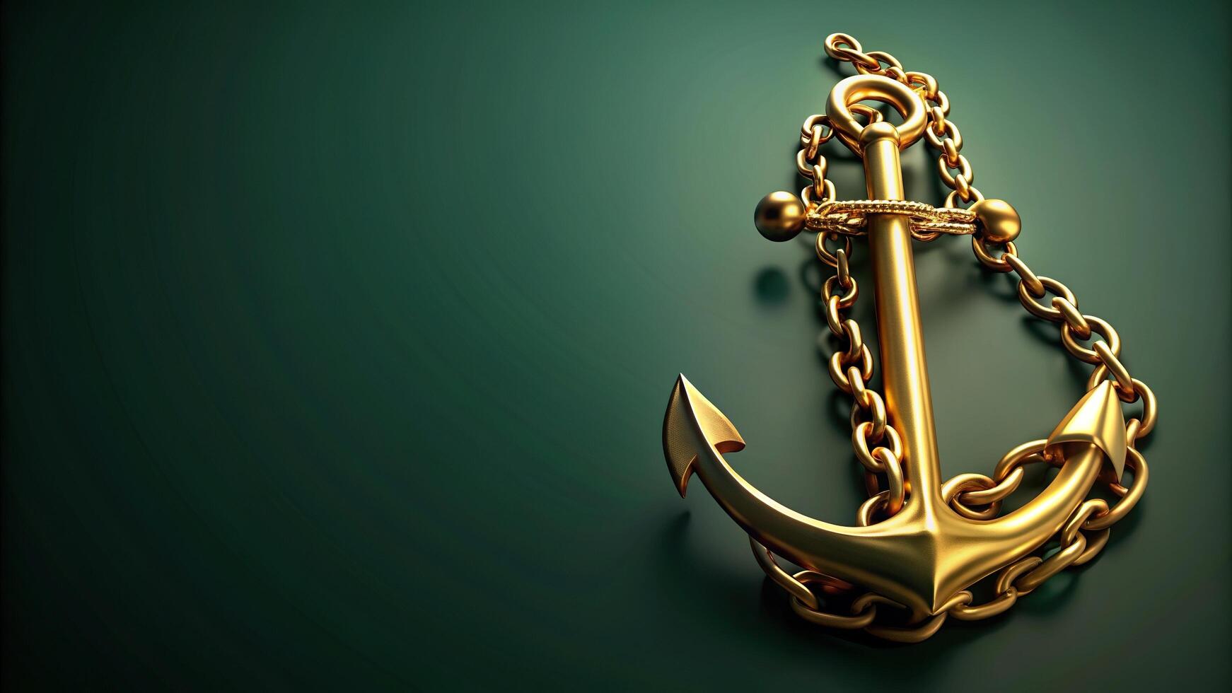 Highly detailed golden iron anchor with chain isolated on dark green background from an aerial perspective, security, navigation, ocean, stability, symbol, iron, ship, chain, nautical photo