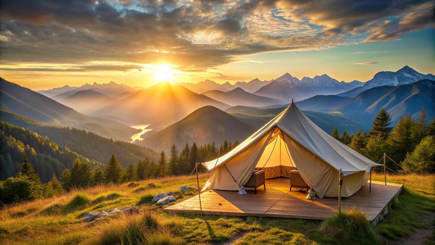 tent, relaxation, glampsite, morning sunlight, morning, outdoors, A beautiful glamping tent sitting in the morning sunlight surrounded by a breathtaking panorama of mountain ranges photo