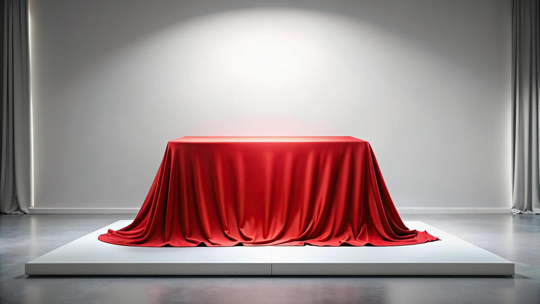 An empty stand covered with red cloth fabric is placed in the center of a white background captured in a long shot, presentation, marketing, trade show, product, creative, showcase photo