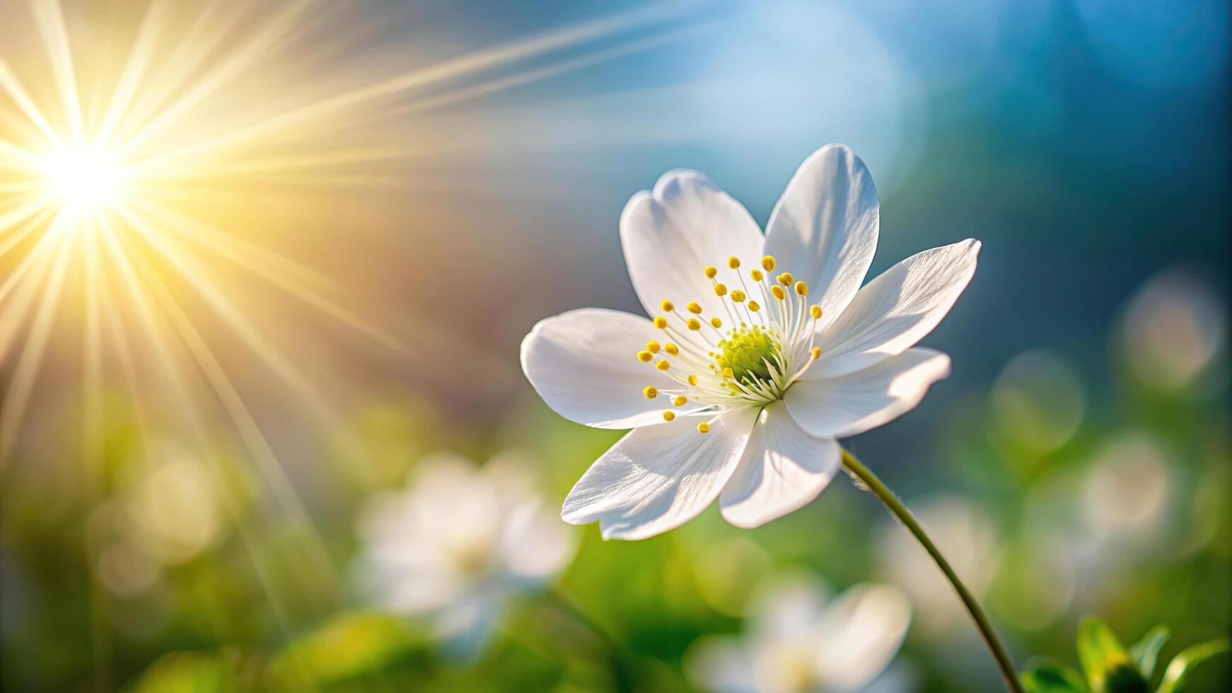 fresh, spring, petal, plant, delicate, beauty, springtime, reflected, blooming, sunshine, A beautiful white flower blooming in spring with the sunshine reflected on its delicate petals photo