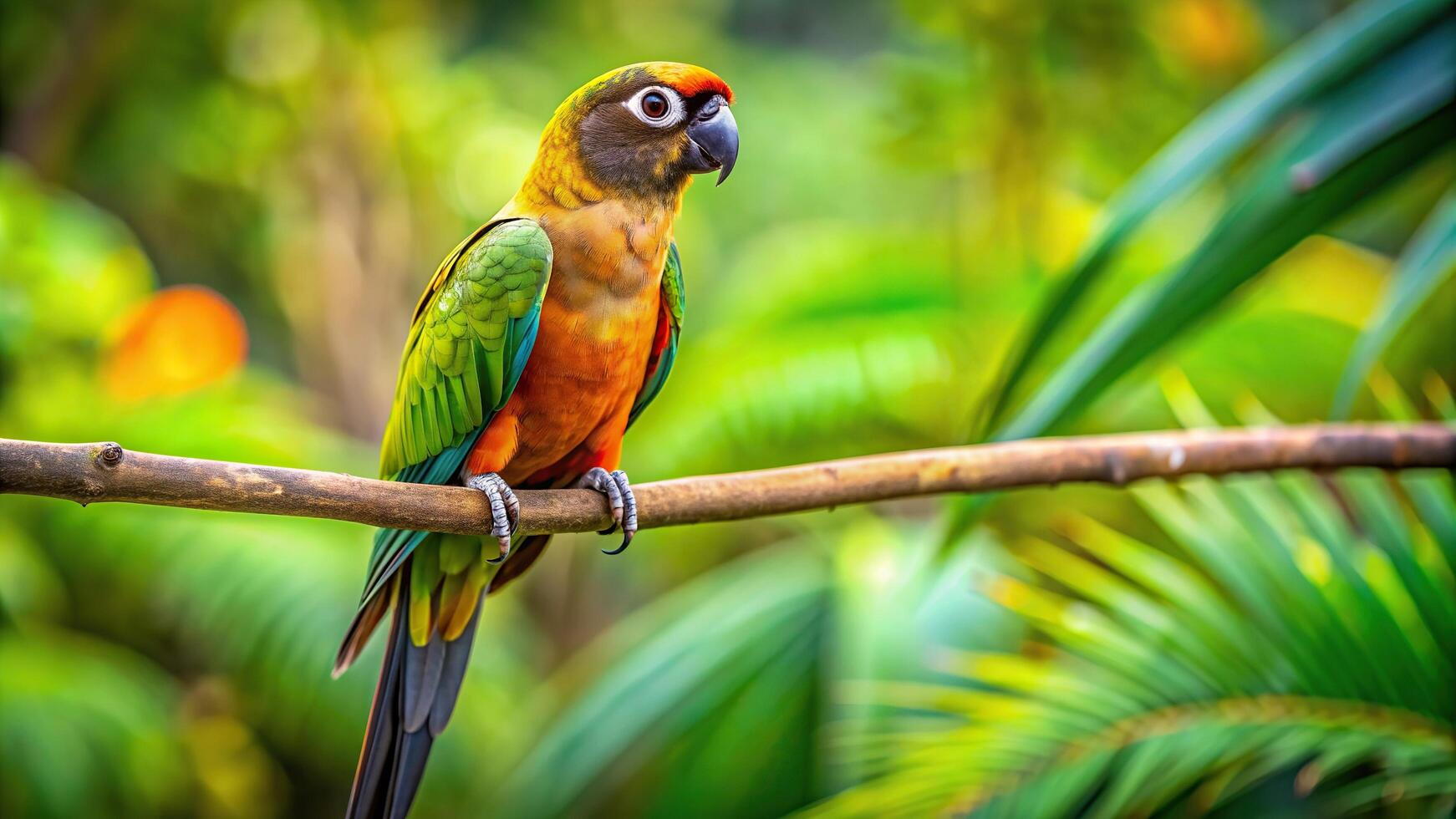 A long shot photograph of a vibrant Brown Throated Parakeet perched on a branch in the lush natural habitat of a Caribbean island, fauna, branch, vibrant, Caribbean photo