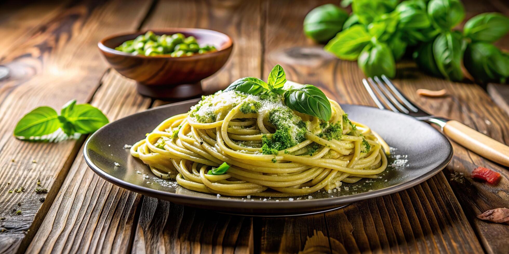 A plate of cooked pasta with vibrant green pesto sauce and finely grated Parmesan cheese is placed on a wooden table, wooden, gourmet, parmesan, cheese, delicious, homemade, flavorful photo