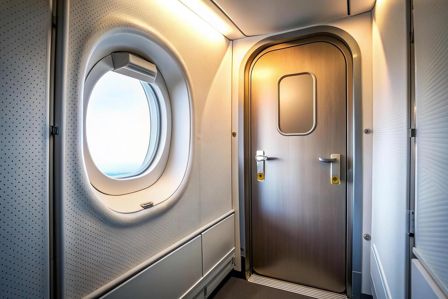 A close up view of the door of a lavatory in an empty aircraft cabin captured from a worm s eye perspective, aviation, view, cabin, travel, perspective, lock, handle,door, restroom photo