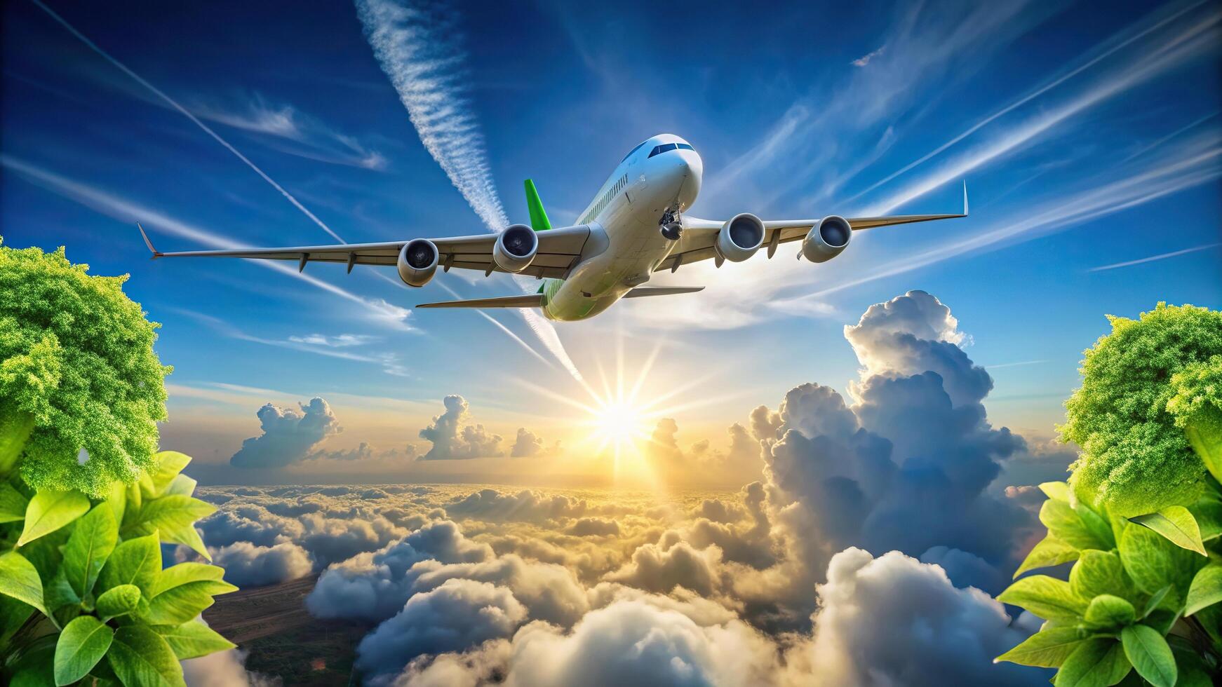 Stock photo of an airplane flying in the sky promoting the concept of Fly Net Zero and embracing Sustainable Aviation Fuel SAF for a greener future, carbon emissions, renewable
