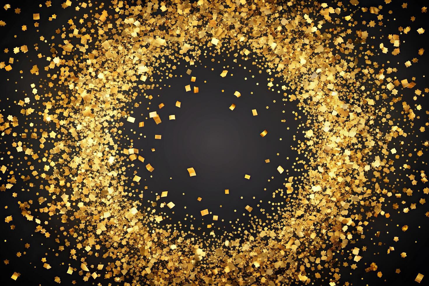 Explosion of gold confetti on a black background creating a symmetrical pattern, explosion, birthday, victory, symmetrical, event, special occasion, festive, glamorous, party photo
