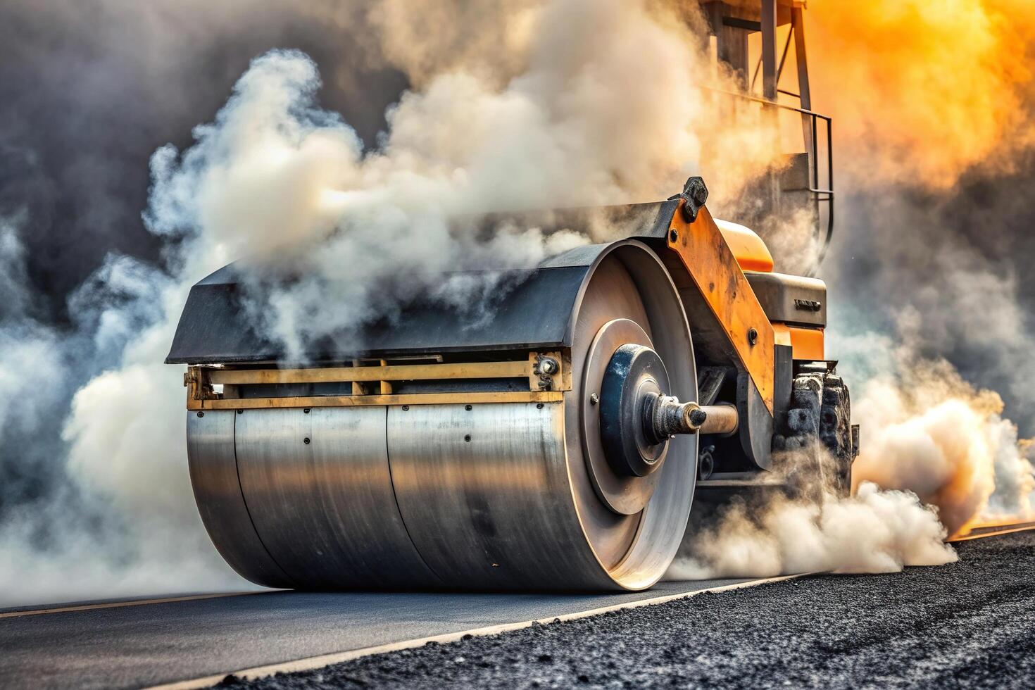 smoke, construction, surface, pavement, paving machine, compactor, roadwork, heavy equipment, panoramic, Closeup of a steam roller flattening hot asphalt with billowing smoke and steam photo