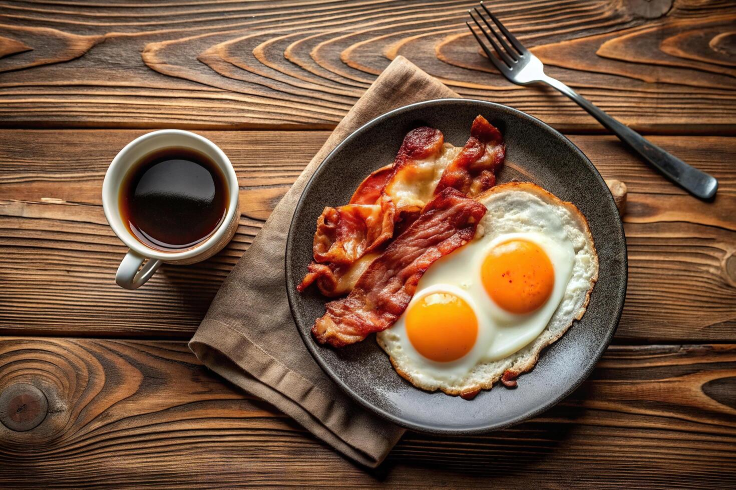 A high angle shot of a delicious plate of crispy bacon and sunny side up eggs accompanied by a steaming cup of coffee on a table, food, saucer, breakfast spread, dining, perspective photo