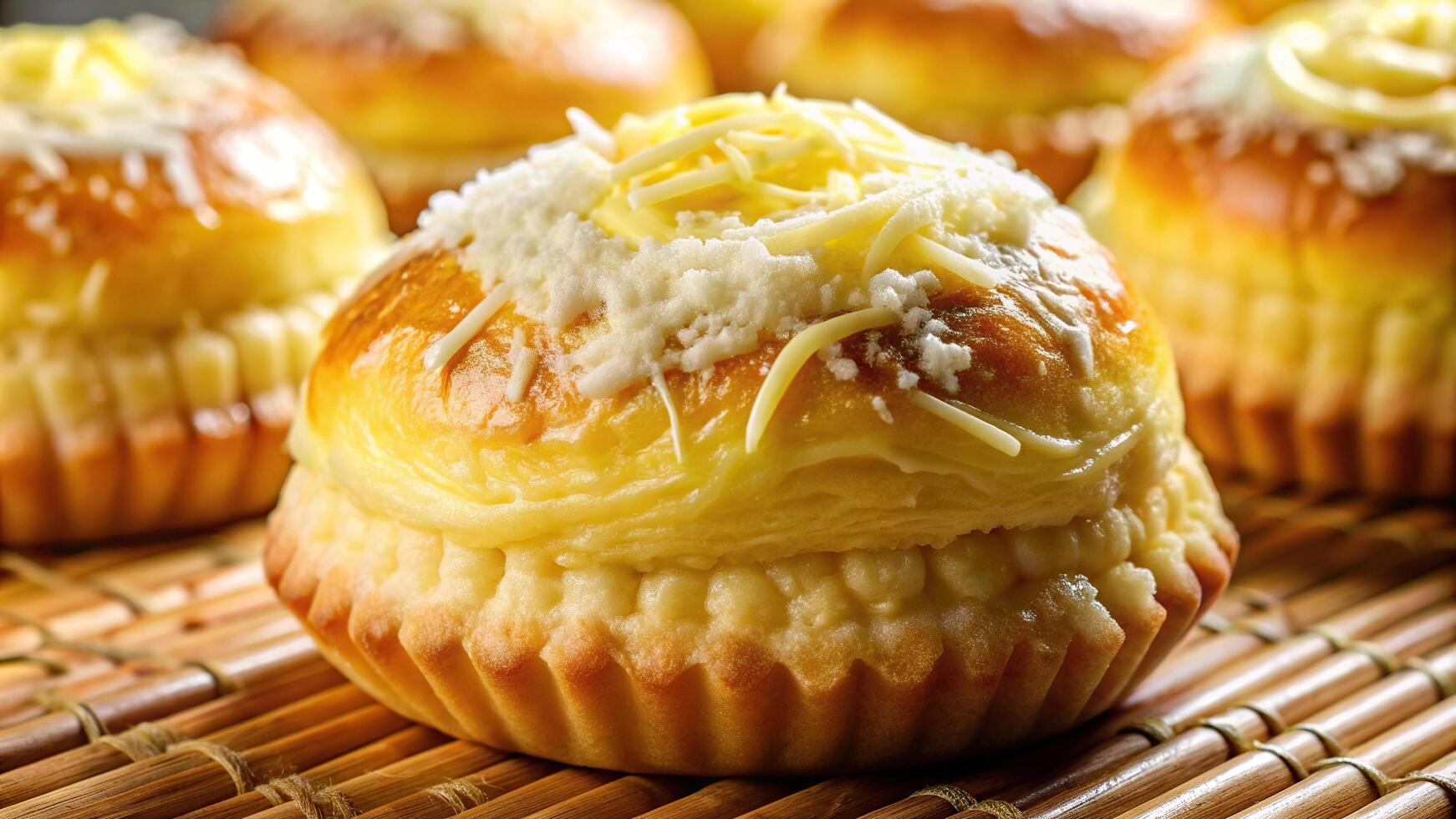 A close up photograph of a Filipino style ensaymada a sweet bread topped with margarine and white sugar captured with a fisheye lens, sweet, dessert, style, margarine, delicious photo