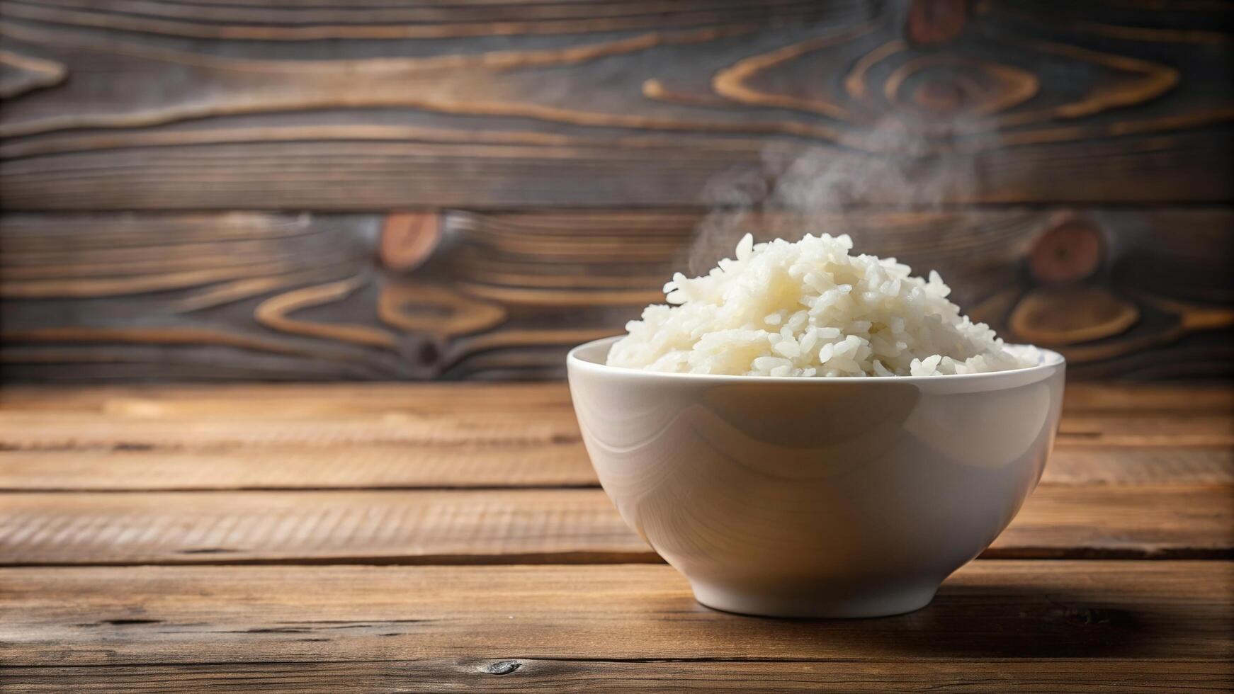 Hot steamed rice in a white bowl on a wooden background reflected, Steamy, Rice bowl, Staple, Appetizing, Wooden background, Meal, Steamed, Traditional, Organic, Healthy, Warm photo