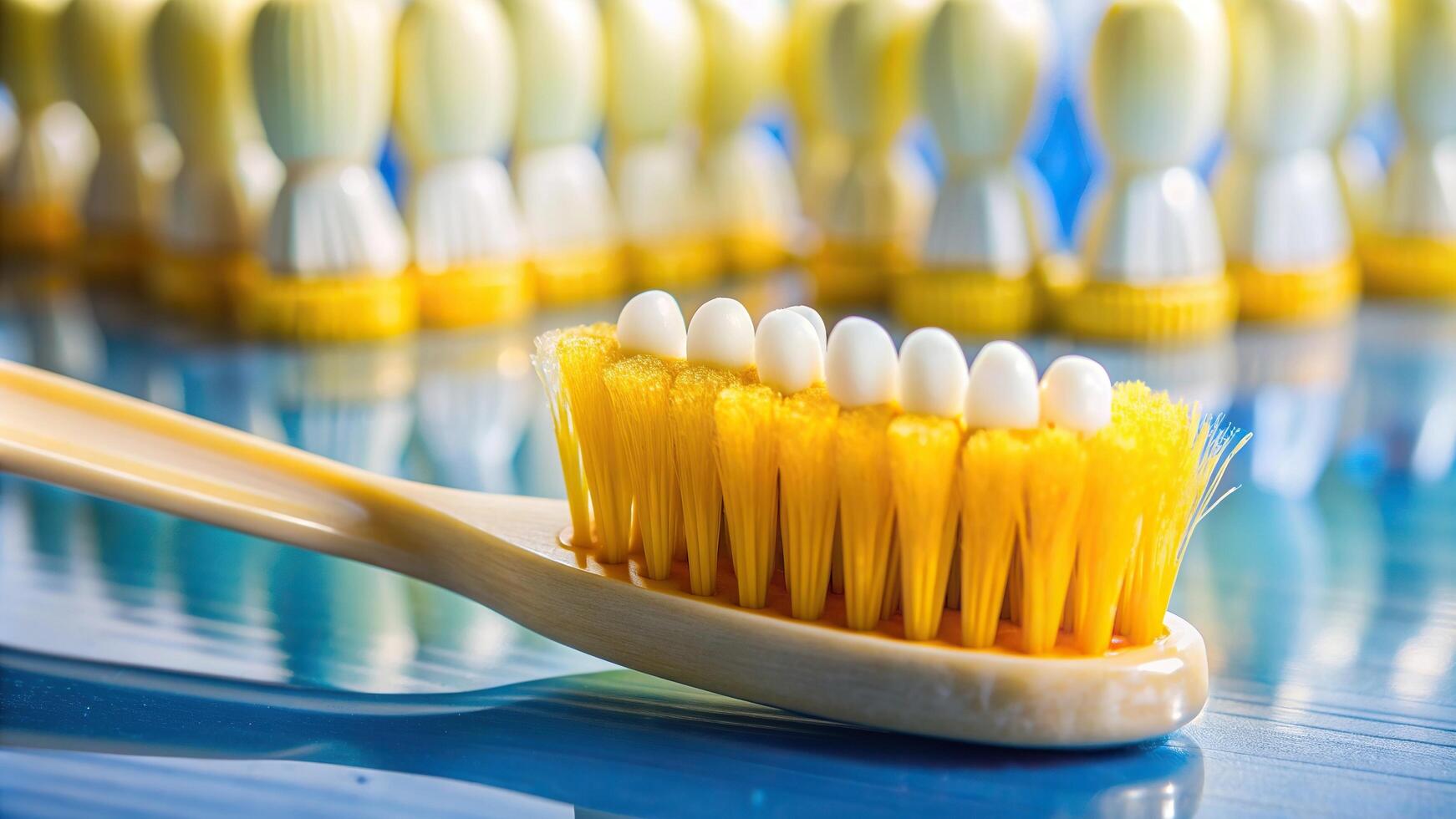 foreground, fresh, dentist, hygiene, dental clinic, smile, A toothbrush is depicted in the foreground while a set of teeth shows a transition from yellow discoloration to whitening photo